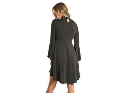 Rock and Roll Denim Bell Sleeve Studded Dress- Black-