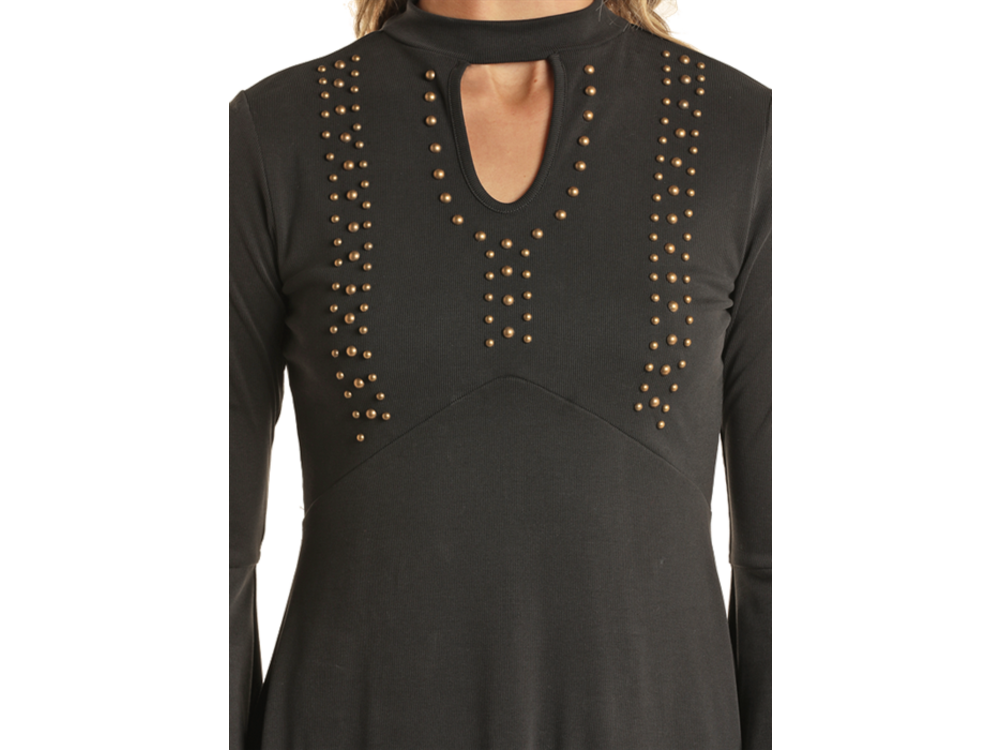 Rock and Roll Denim Bell Sleeve Studded Dress- Black-