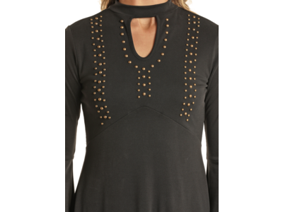 Rock and Roll Denim Bell Sleeve Studded Dress- Black-