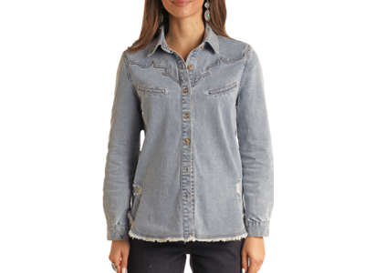 Rock and Roll Denim Distressed Western Denim Shirt-