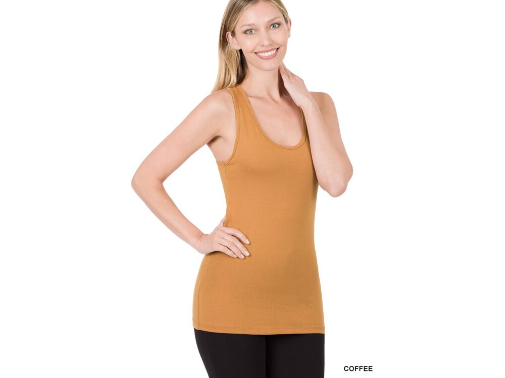 Long Racerback Stretch Tank- Coffee-