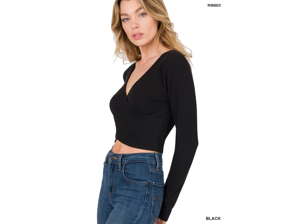 Ribbed Wrapped Crop Top- Black
