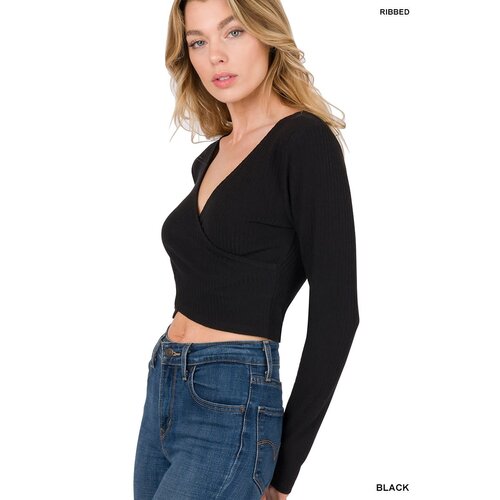 Ribbed Wrapped Crop Top- Black
