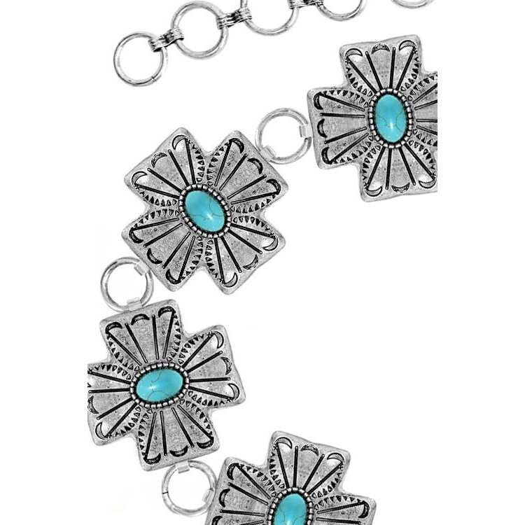 Blandice Jewelry Aztec Cross Concho Belt with Turquoise- Silver- L/XL-