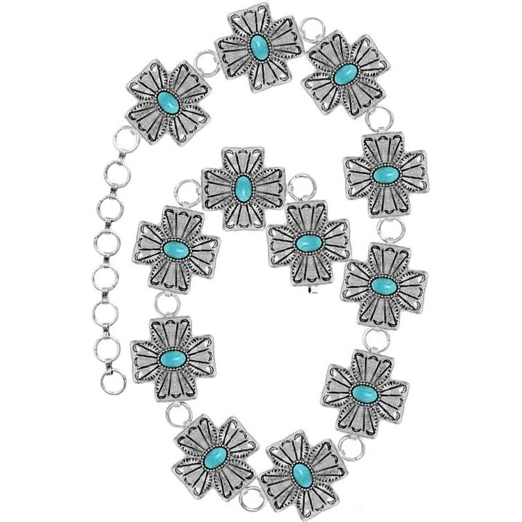 Blandice Jewelry Aztec Cross Concho Belt with Turquoise- Silver- L/XL-
