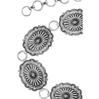 Classic Round Floral Concho Belt- Silver- L/XL