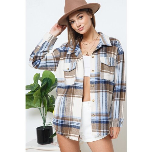 Blue B Lightweight Plaid Shacket- Tan/Blue Blue B Lightweight Plaid Shacket- Tan/Blue