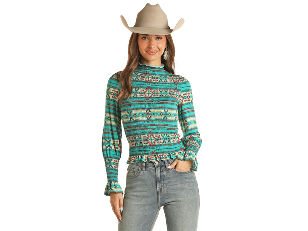 Rock and Roll Denim Smocked Long Sleeve Western Top-