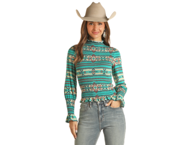 Rock and Roll Denim Smocked Long Sleeve Western Top-