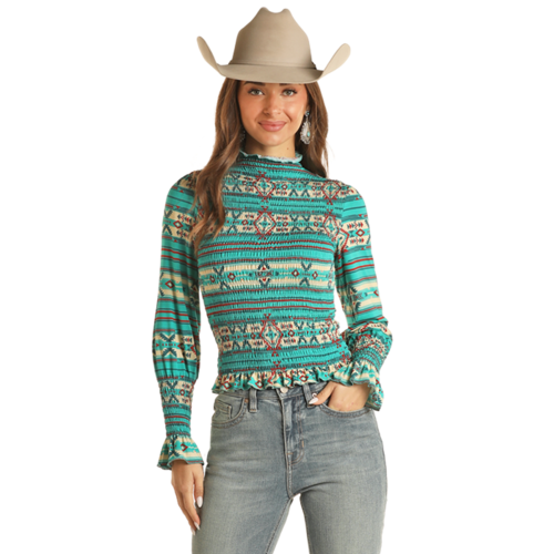 Rock and Roll Denim Smocked Long Sleeve Western Top-