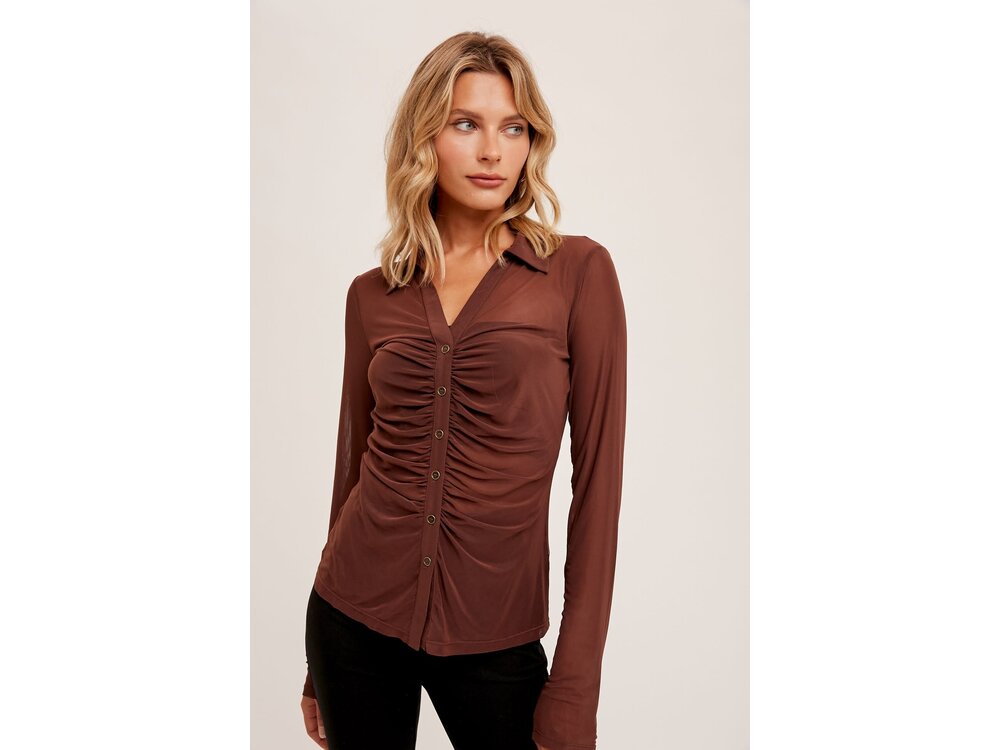 Hem & Thread Sheer Ruched Button Down Top- Cocoa