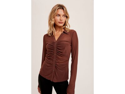 Hem & Thread Sheer Ruched Button Down Top- Cocoa