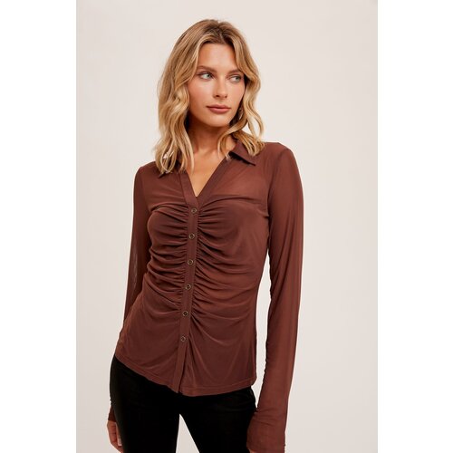 Hem & Thread Sheer Ruched Button Down Top- Cocoa