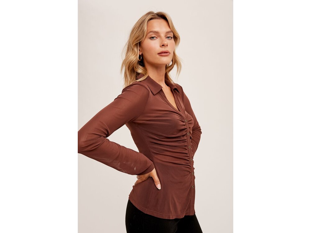 Hem & Thread Sheer Ruched Button Down Top- Cocoa