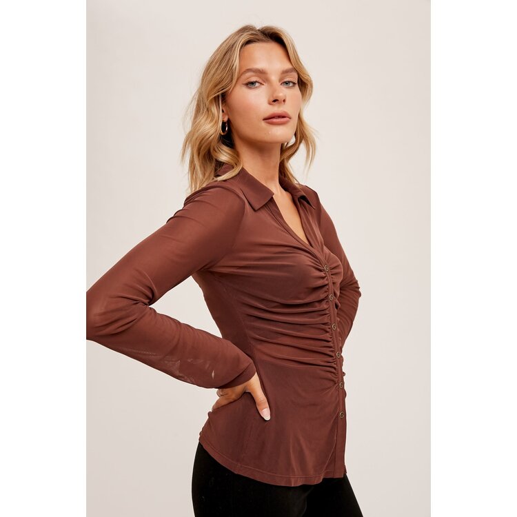 Hem & Thread Sheer Ruched Button Down Top- Cocoa