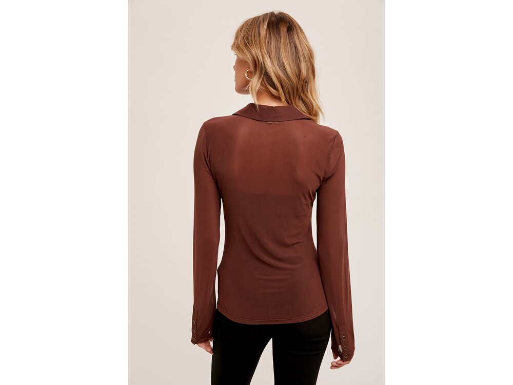 Hem & Thread Sheer Ruched Button Down Top- Cocoa