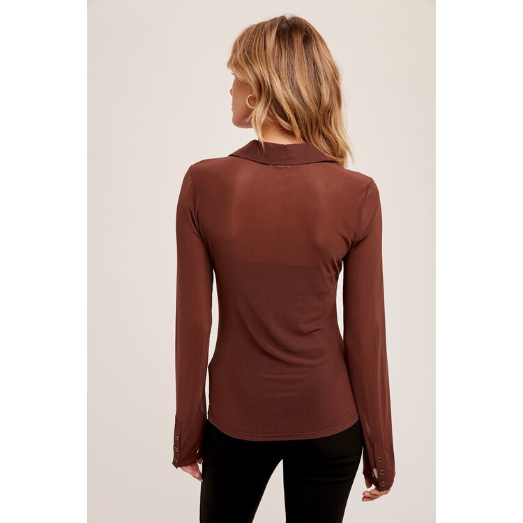 Hem & Thread Sheer Ruched Button Down Top- Cocoa