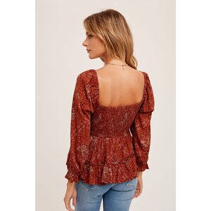 Hem & Thread Floral Print Smocked Peplum Shirt