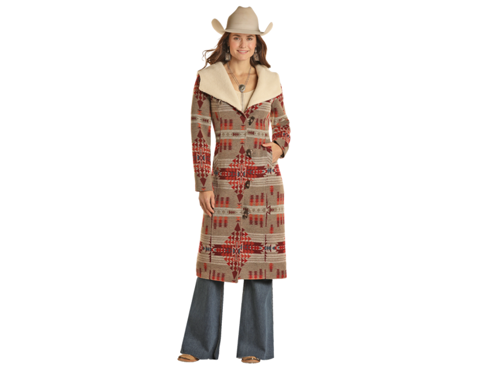 Powder River Outfitters Long Aztec Sherpa Lined Wool Coat