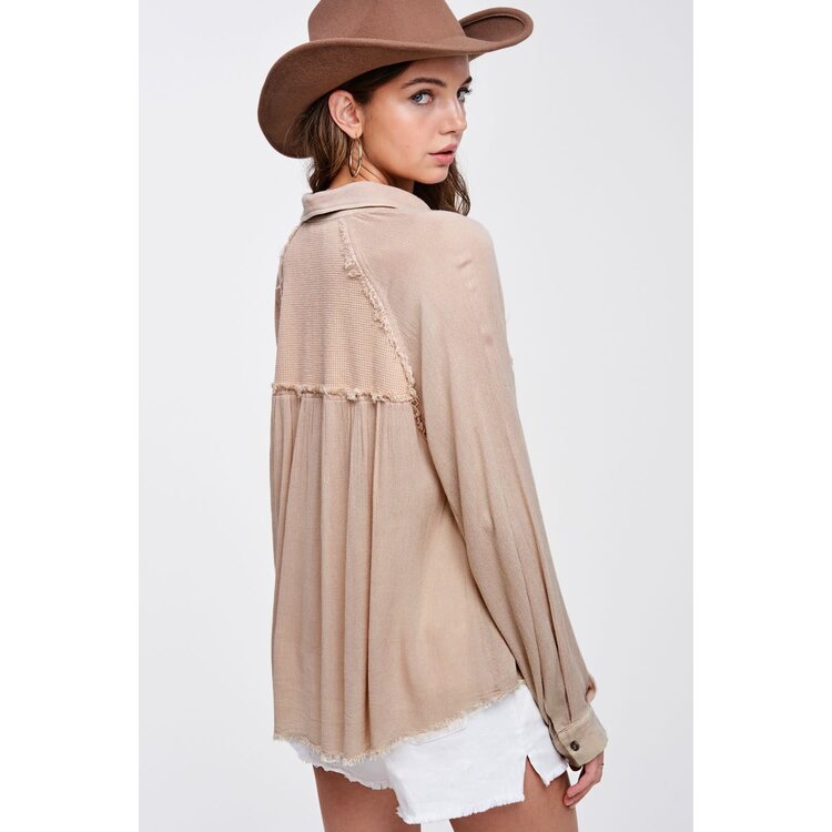 La Miel Rose Gauze Waffle Flowy Top- Taupe-