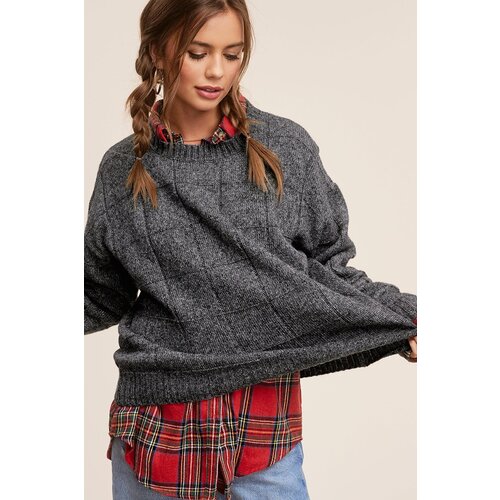 La Miel Nellie- Woven Pattern Sweater- Charcoal Black-