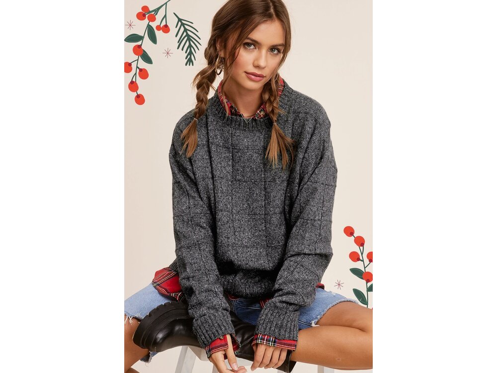 La Miel Nellie- Woven Pattern Sweater- Charcoal Black-