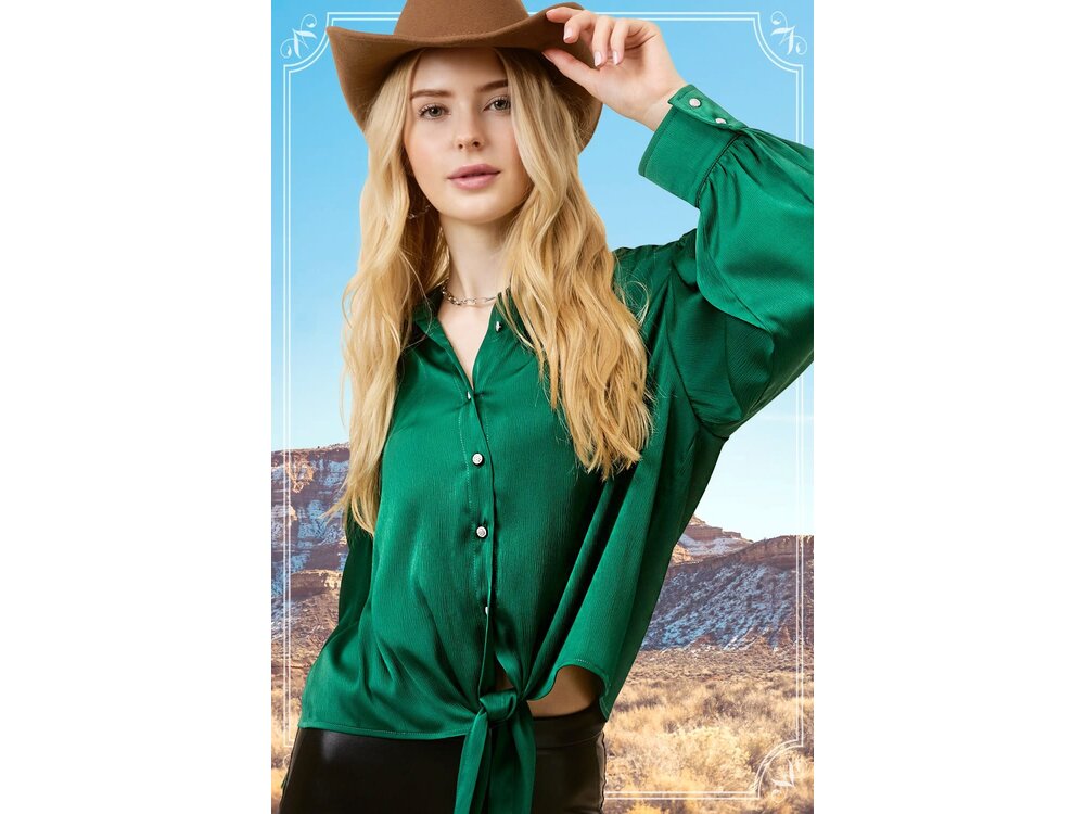 La Miel Marci Tie Front Button Down- Emerald-