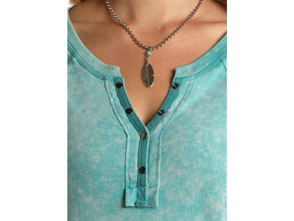 Rock and Roll Denim Acid Wash Button Neck Henley- Turquoise-