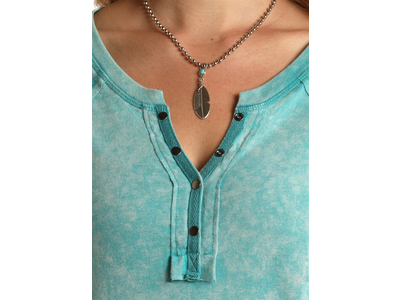 Rock and Roll Denim Acid Wash Button Neck Henley- Turquoise-