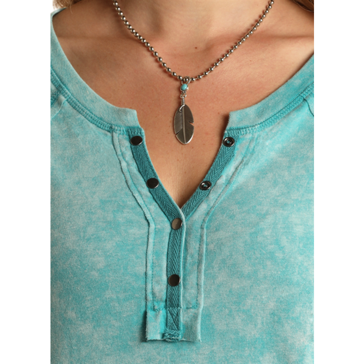 Rock and Roll Denim Acid Wash Button Neck Henley- Turquoise-