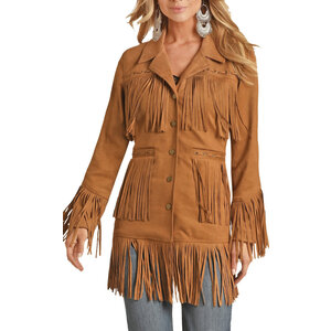 Powder River Outfitters Microsuede Fringe Long Coat- Natural-