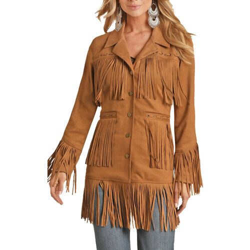 Powder River Outfitters Microsuede Fringe Long Coat- Natural-