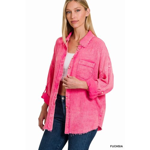 Double Gauze Button Down Shirt- Fuschia-