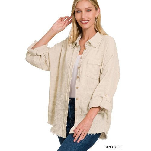 Double Gauze Button Down Shirt- Sand- Double Gauze Button Down Shirt- Sand-