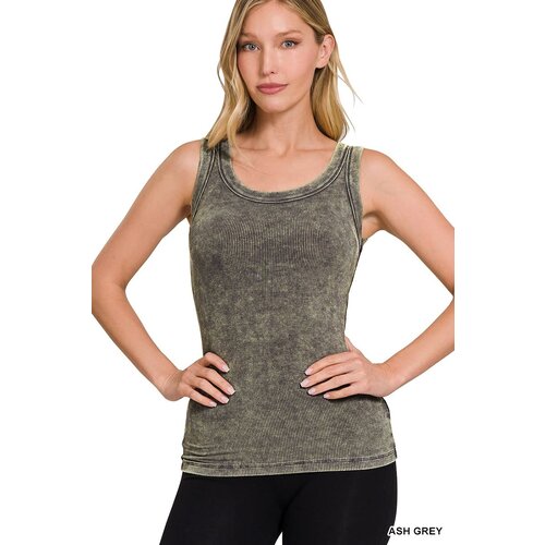 Ribbed Mineral Wash Tank Top- Ash Grey- Ribbed Mineral Wash Tank Top- Ash Grey-