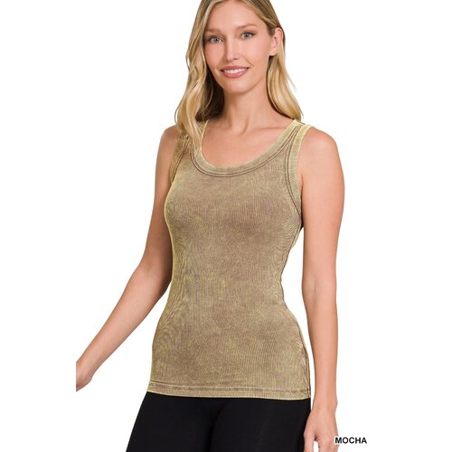 Ribbed Mineral Wash Tank Top- Mocha- Ribbed Mineral Wash Tank Top- Mocha-