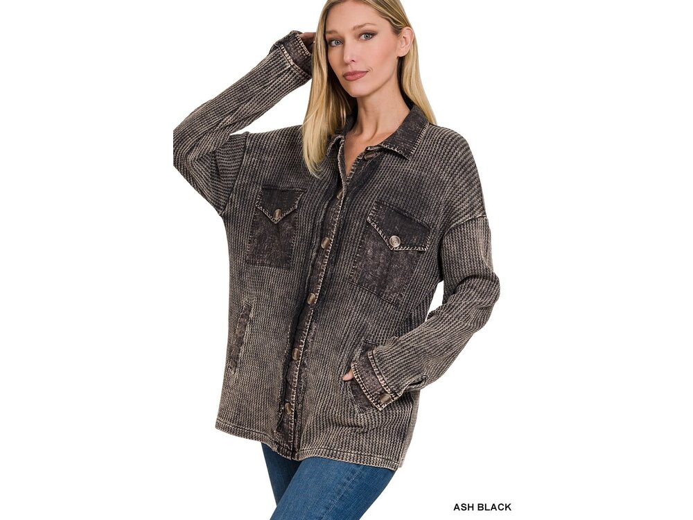 Waffle Acid Wash Shacket- Ash Black