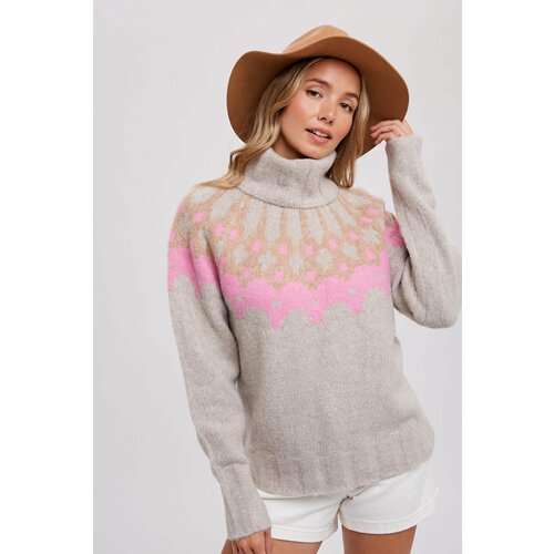 Bluivy Aztec Print Cozy Turtleneck Sweater- Oatmeal/Pink
