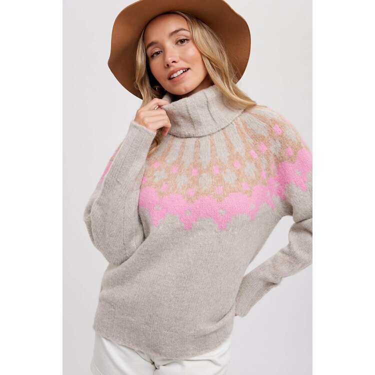 Bluivy Aztec Print Cozy Turtleneck Sweater- Oatmeal/Pink