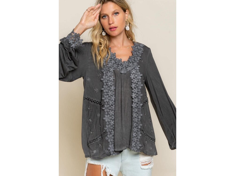 Pol Washed Floral Lace Tunic Top- Black