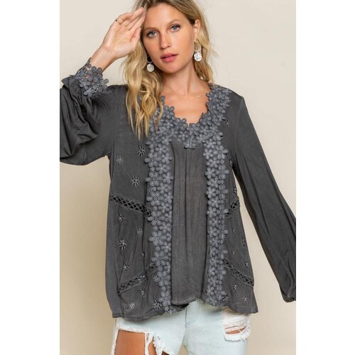 Pol Washed Floral Lace Tunic Top- Black