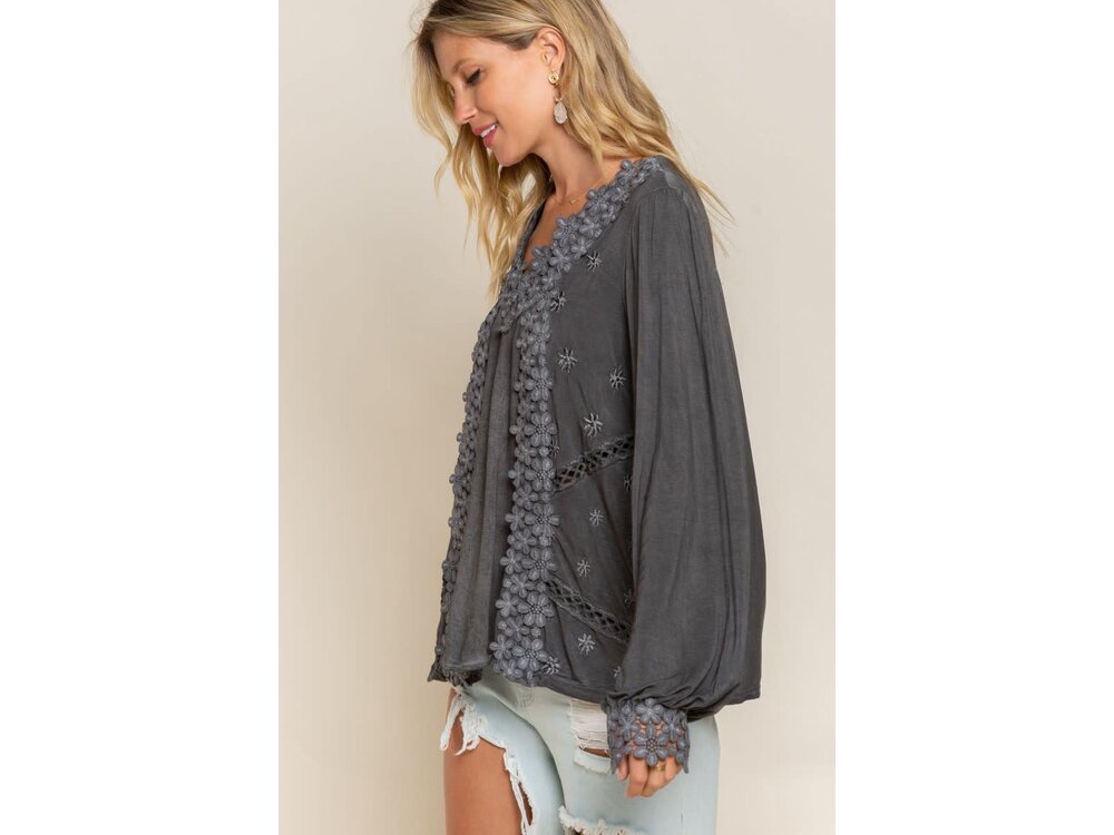 Pol Washed Floral Lace Tunic Top- Black