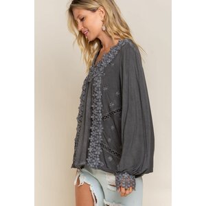 Pol Washed Floral Lace Tunic Top- Black