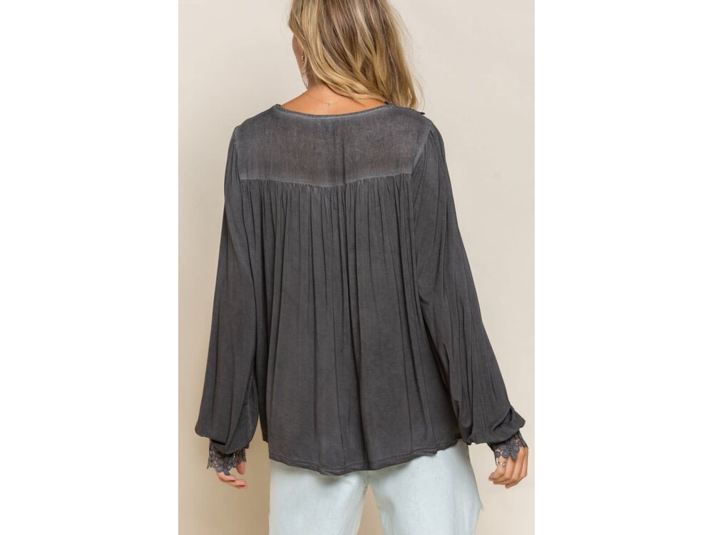 Pol Washed Floral Lace Tunic Top- Black