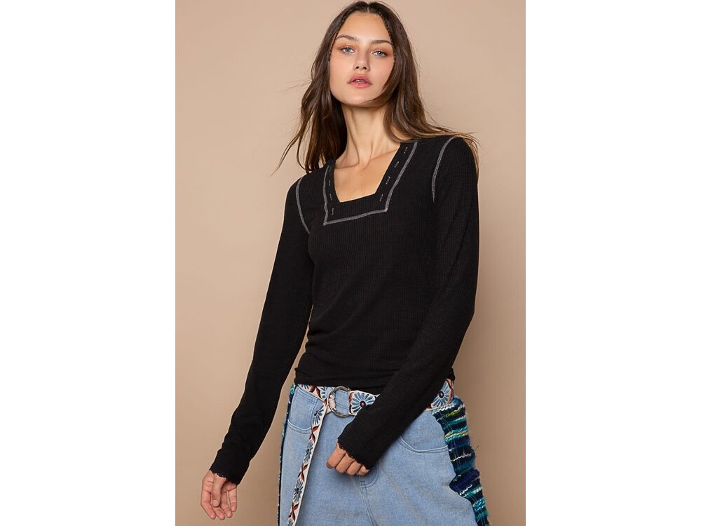 Pol Ribbed Square Neck Long Sleeve with Contrast Stitch- Black-