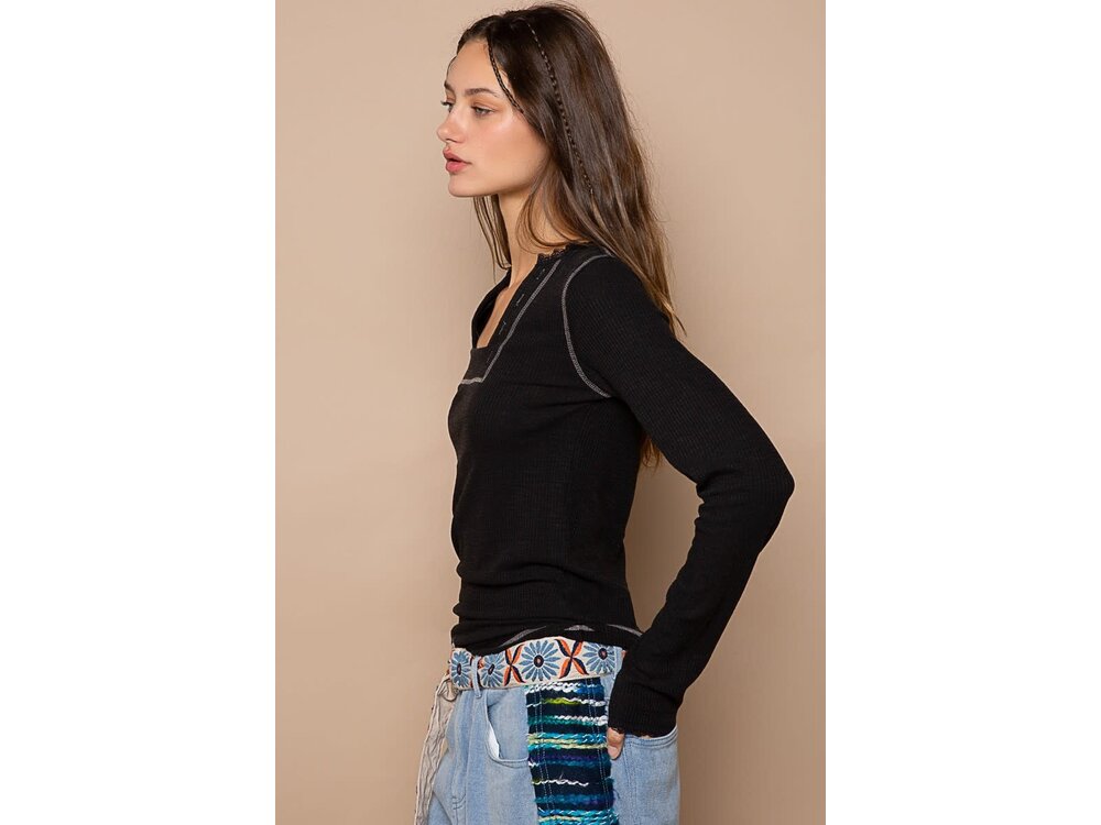 Pol Ribbed Square Neck Long Sleeve with Contrast Stitch- Black-