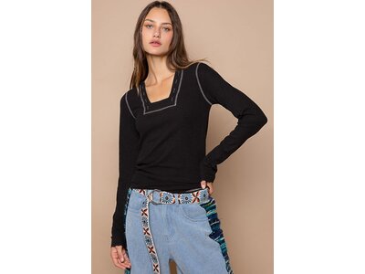 Pol Ribbed Square Neck Long Sleeve with Contrast Stitch- Black-