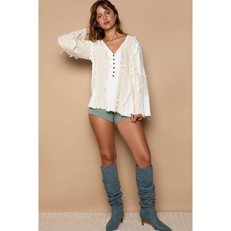 Pol Boho Contast Bell Sleeve Button Top- White