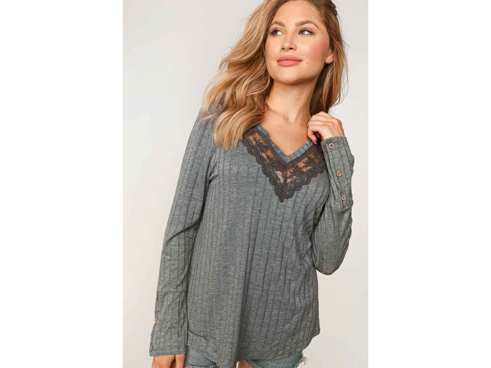 Sugarfox Ribbed V-Neck with Lace Trim Neck- Grey-