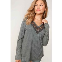 Ribbed V-Neck with Lace Trim Neck- Grey-
